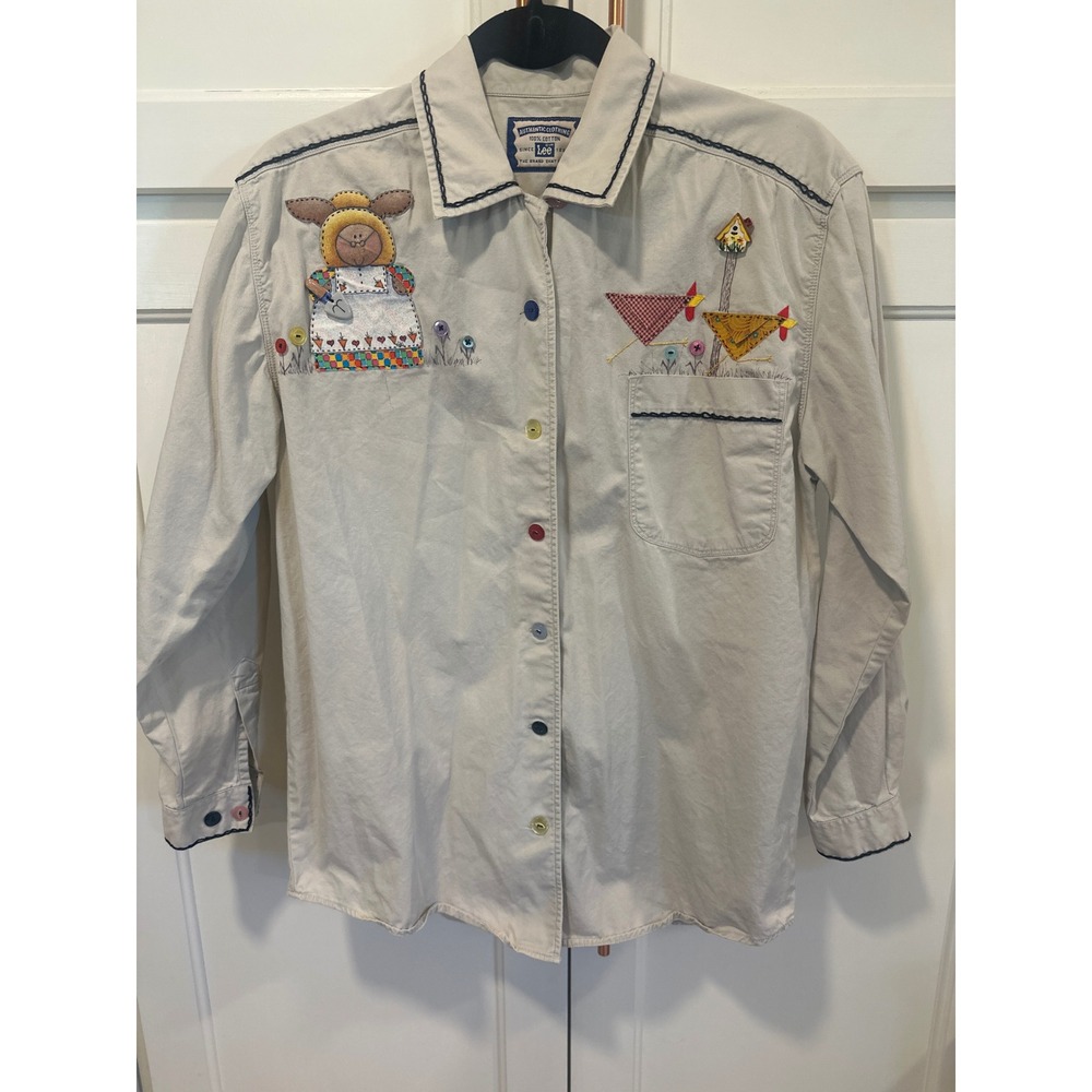 Vintage Lee Cotton Applique Shirt Farmhouse grannycore Chickens Tan Button S